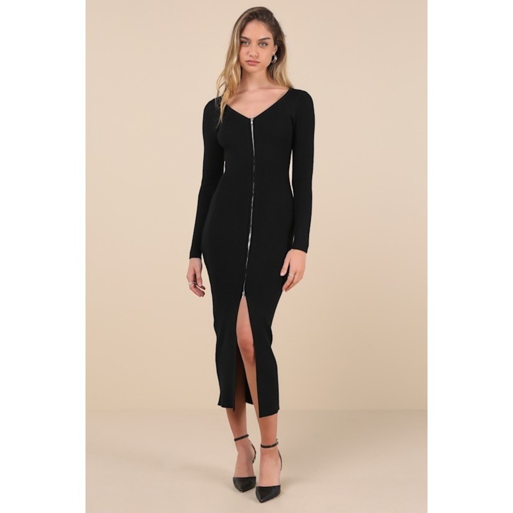 Lulus Snuggly Sweetness Black Ribbed Zip-front Sweater Midi Dress - Size M